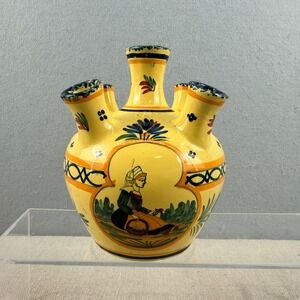 Vintage HenRiot Quimper France 5-Finger Tulip Vase Yellow Floral Quintal